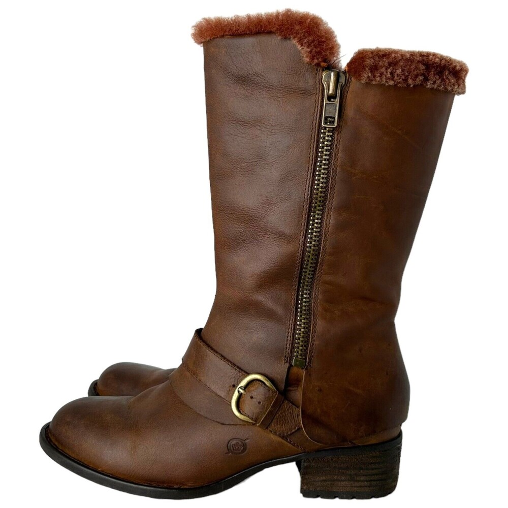 Børn BORN Goji Boot Summer Brown Saddle Leather Shearling Lined Women Size 8 M - Picture 2 of 11